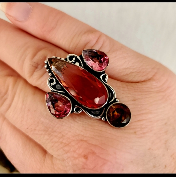 New Bi-Color Tourmaline & Pink Topaz 925 Silver Ring. - Picture 2 of 7
